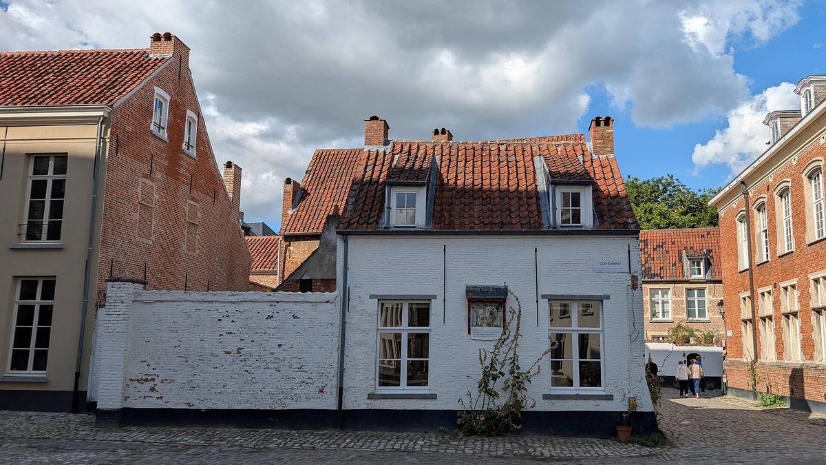 Witte en bakstenen huisjes met rode daken in het begijnhof van Lier